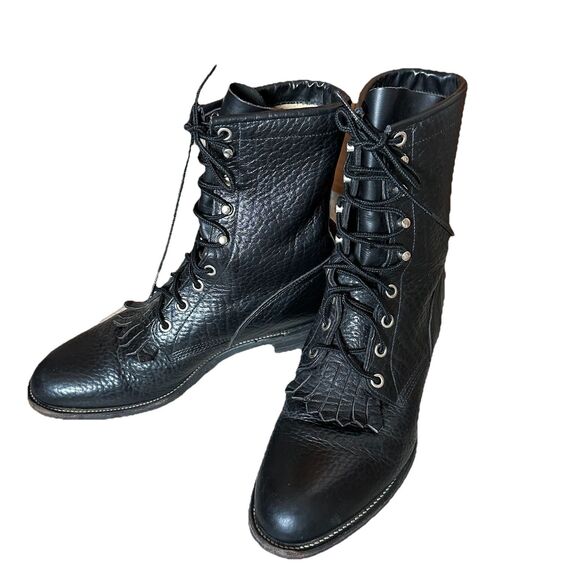 Vtg Justin Lace up Black Pebbled Bullhide Roper Boots 522 Kiltie Mens 8 1/2 D main image 6